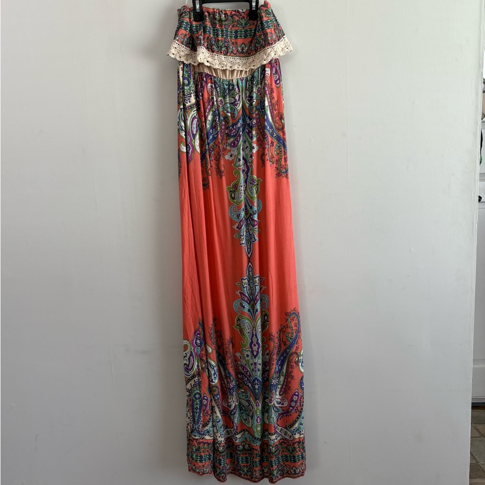 Karlie Strapless Coral, Paisley Maxi Dress with Crochet Lace Edging - Small